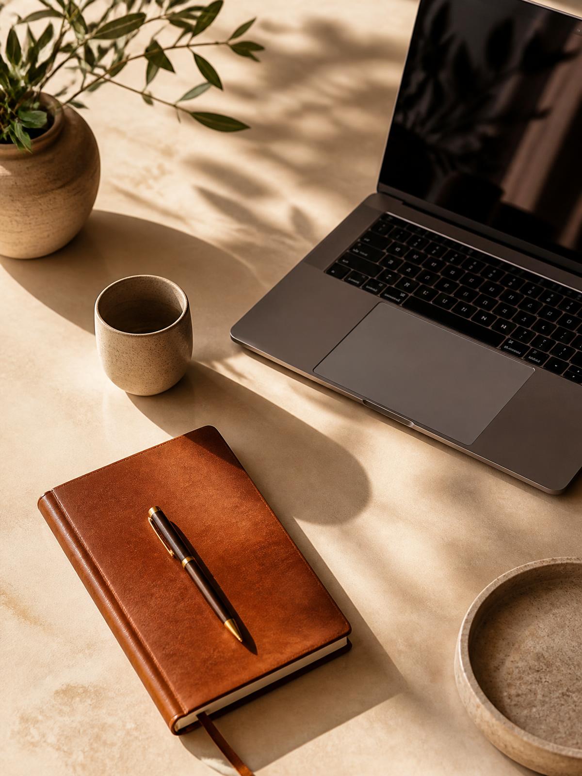 A founder's desk with a laptop and leather notebook in warm morning light